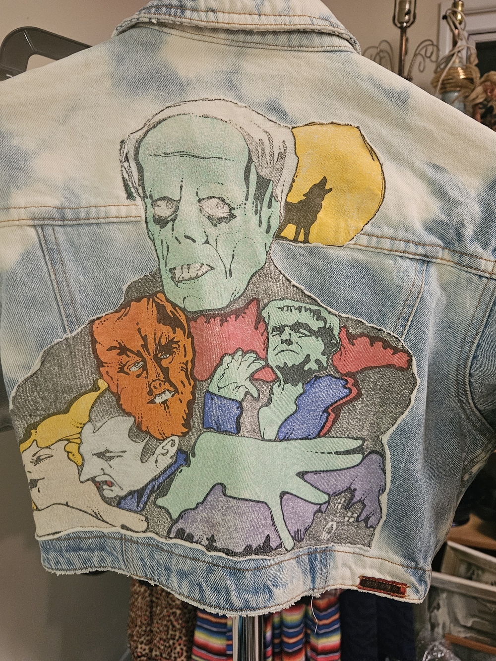 Vintage Cropped Bleached Punk Denim Jacket With Vintage Horror Monster Backpatch